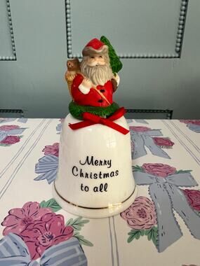 Vintage Hallmark Ceramic Christmas Bell Ornament Santa Teddy Bear